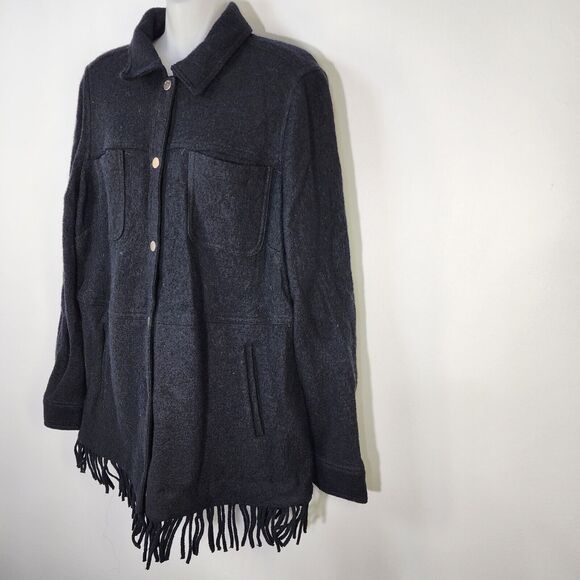 Chico's Boiled Wool-Blend Blanket Jacket Shacket Size 2 Large 12/14 Fringe Black - Picture 4 of 11